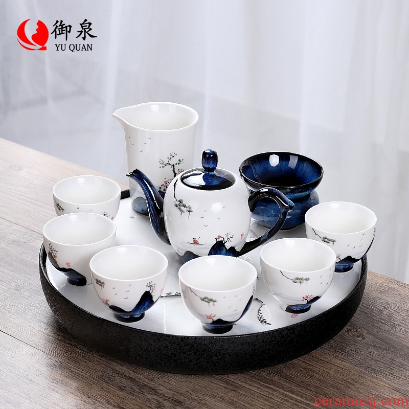 Imperial springs hand-painted Japanese kung fu tea set suit household contracted teapot teacup ceramic dry tea set tea table