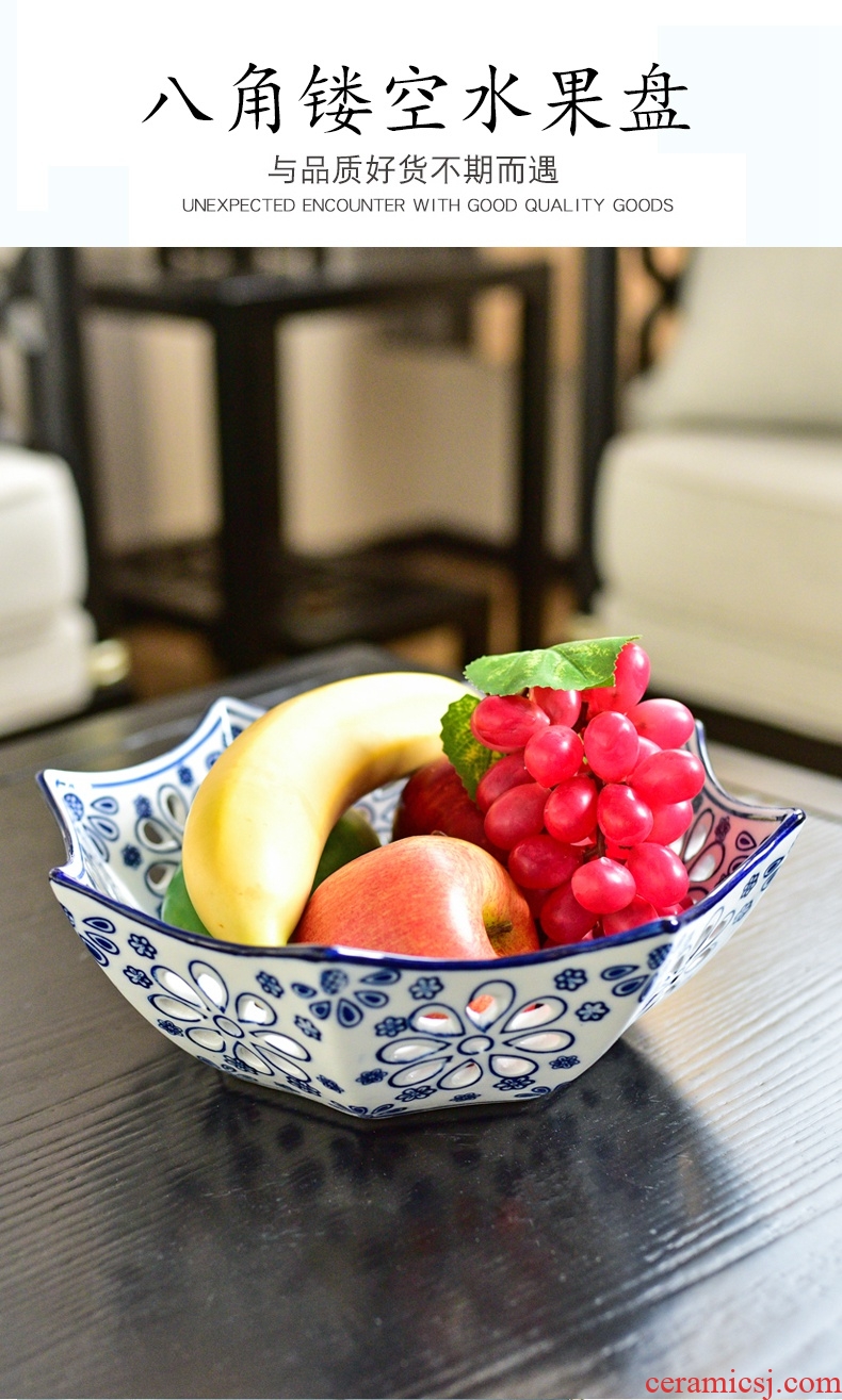Murphy's modern new Chinese fruit bowl hollow out of blue and white porcelain ceramic creative living room home snacks dried fruit candy dishes