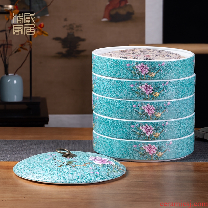 , pick flowers large jingdezhen ceramic seal pot pu 'er tea cake white tea boxes layers of cans