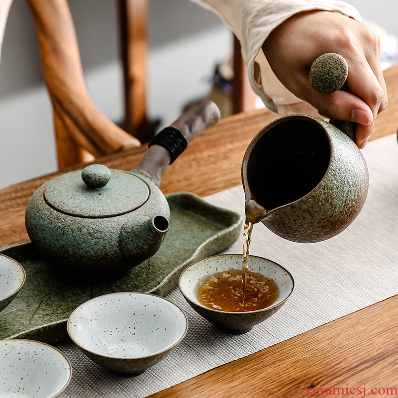 Bo yiu Japanese coarse pottery kung fu tea set a pot of four cups of household ceramic portable travel crack cup teapot