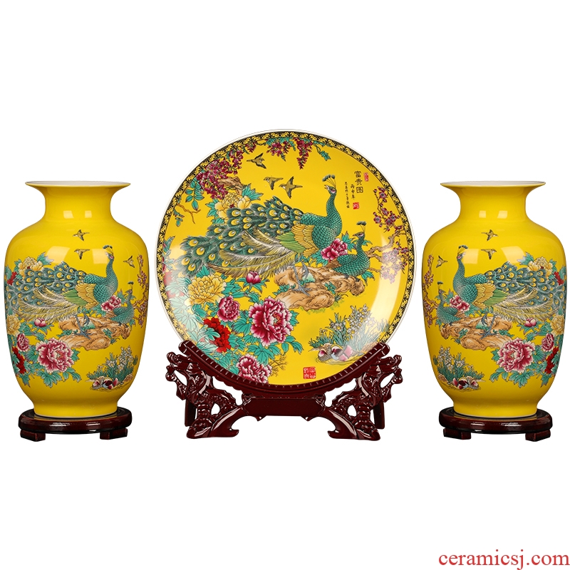 Chinese style furnishing articles yellow peacock vase three-piece jingdezhen ceramics European home wine sitting room adornment