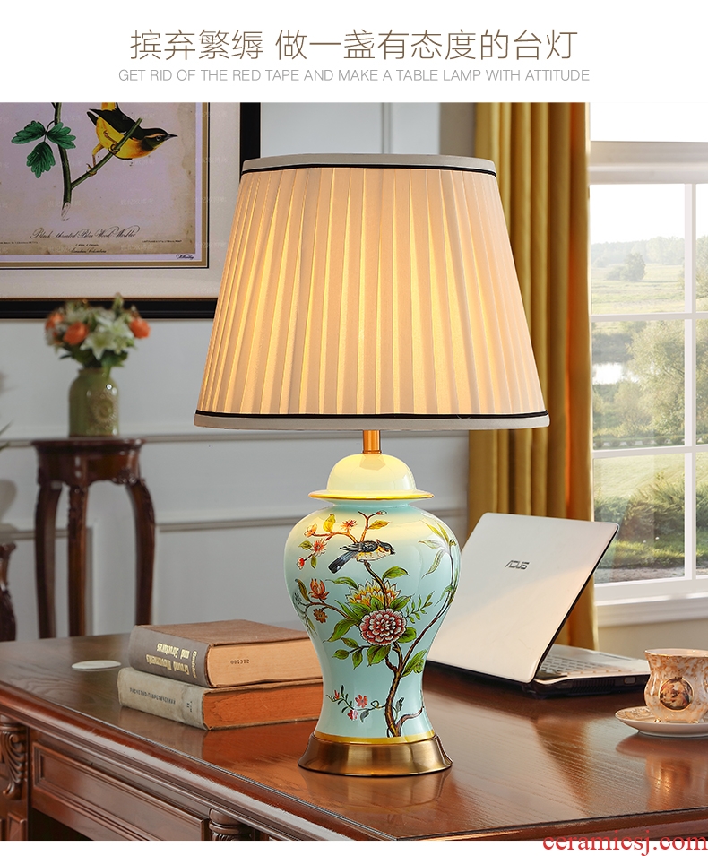 Modern new Chinese style ceramic desk lamp American creative hand-painted painting of flowers and restoring ancient ways continental warm sitting room bedroom berth lamp