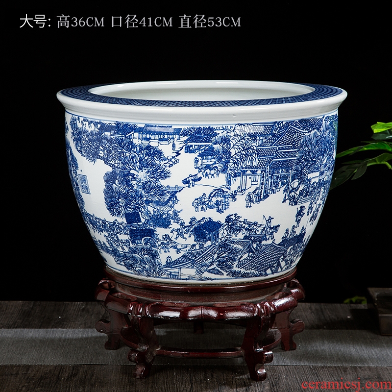 Blue and white porcelain jar of jingdezhen ceramics ceramic aquarium tank big lotus lotus cylinder landing fish tank feng shui furnishing articles