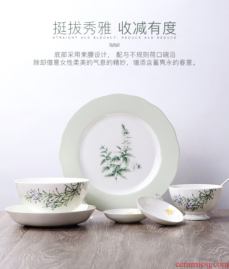 Jingdezhen Chinese bone porcelain tableware suit household creative dishes suit combination of pale green jade lotus mouth plate of ceramics