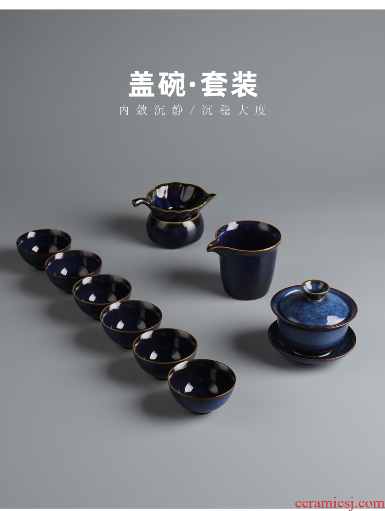 Is good source 999 sterling silver tea set TuHao blue tureen ceramic cups domestic high-grade tea sets gift box