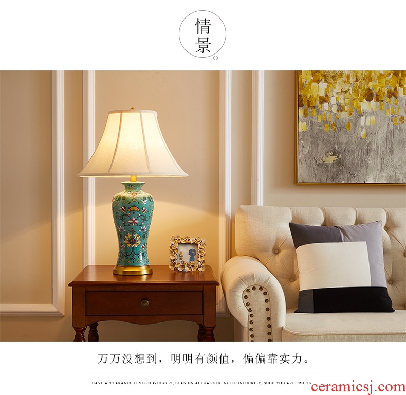 American sitting room bedroom berth lamp european-style villa rural new Chinese style sofa tea table full copper ceramic lamp