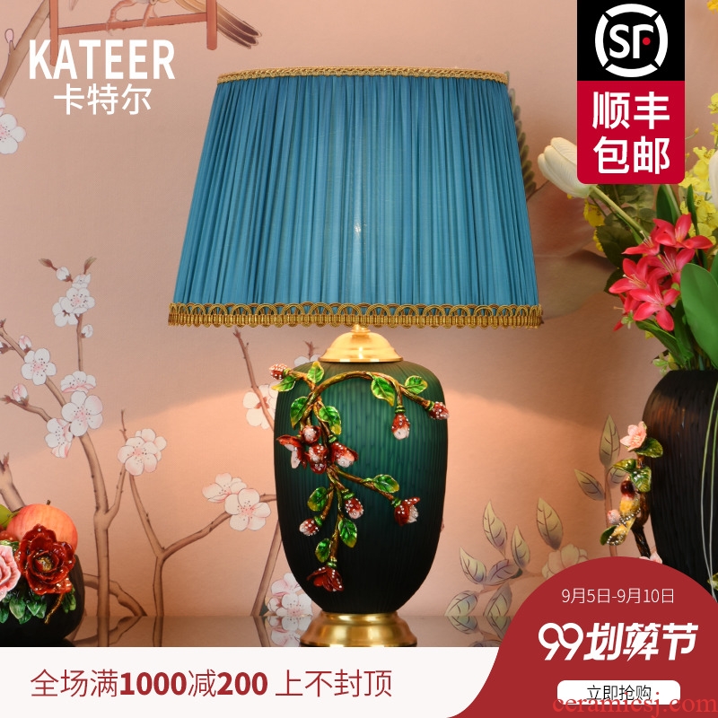 New Chinese style full copper ceramic desk lamp light colored enamel American restoring ancient ways is the sitting room of bedroom the head of a bed lamp high-grade villa lighting