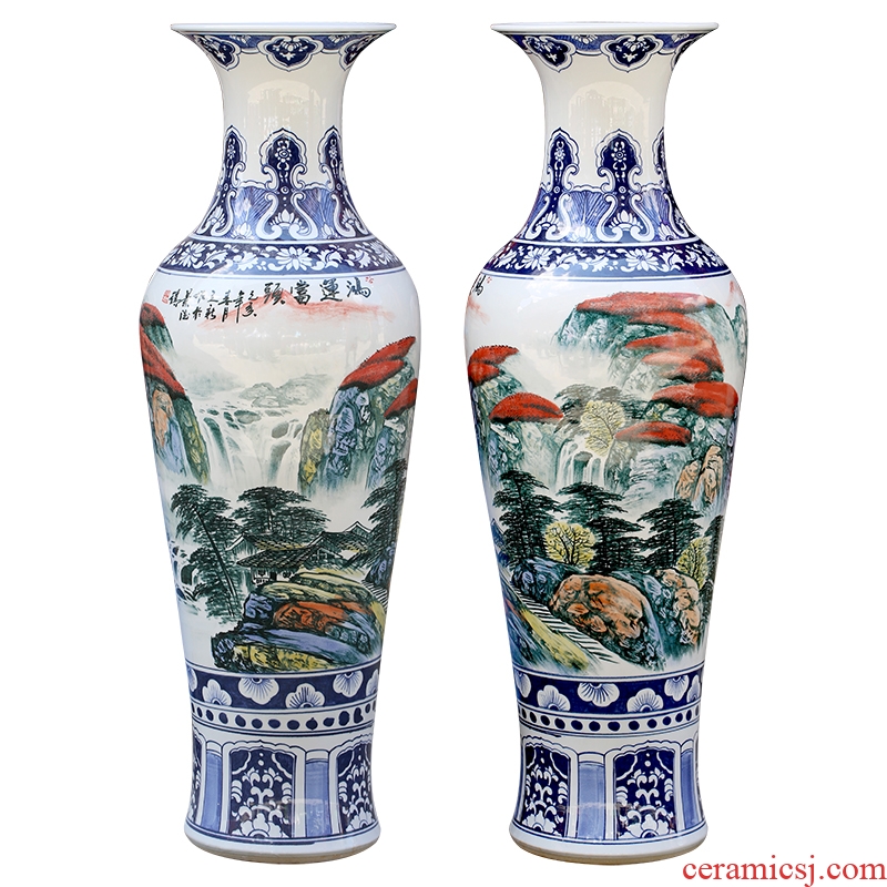 Jingdezhen ceramic hand-painted luck landscape painting big vase household living room floor furnishing articles opening gifts