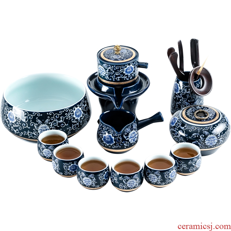 Qin Yi blue glaze ji blue of a complete set of semi-automatic kung fu tea set of blue and white porcelain ceramic lazy household teapot teacup suit