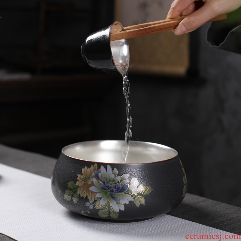 Is good source 999 sterling silver Japanese creative household kung fu tea set lay flowers tasted silver gilding of black ceramic large tea to wash