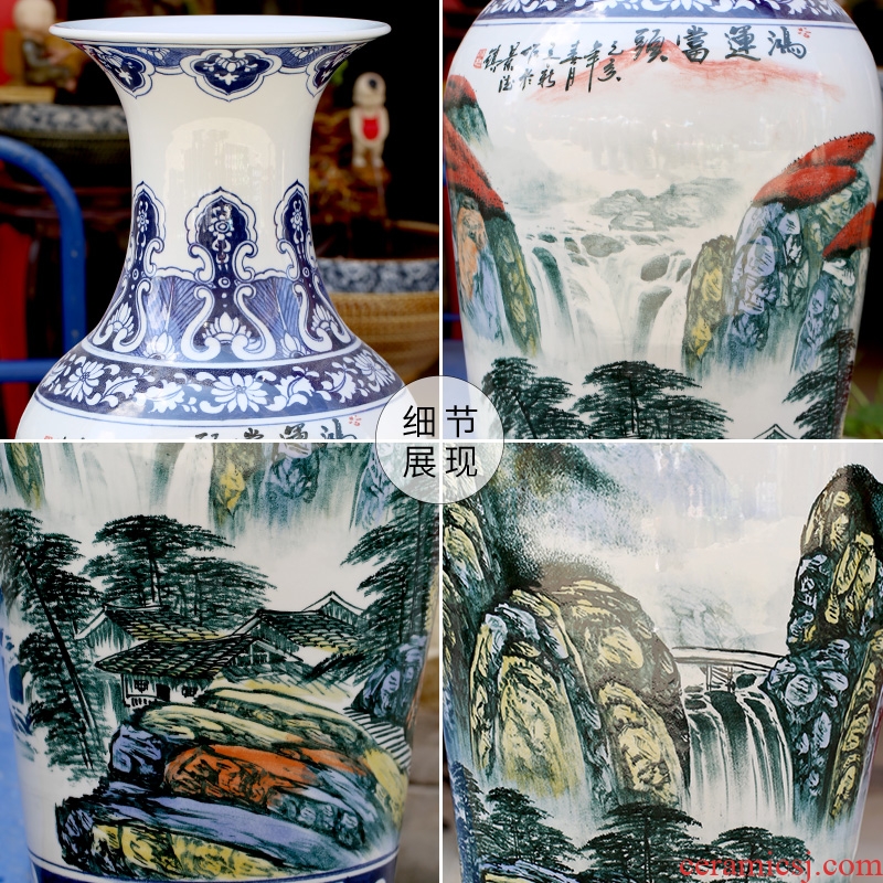 Jingdezhen ceramic hand-painted luck landscape painting big vase household living room floor furnishing articles opening gifts