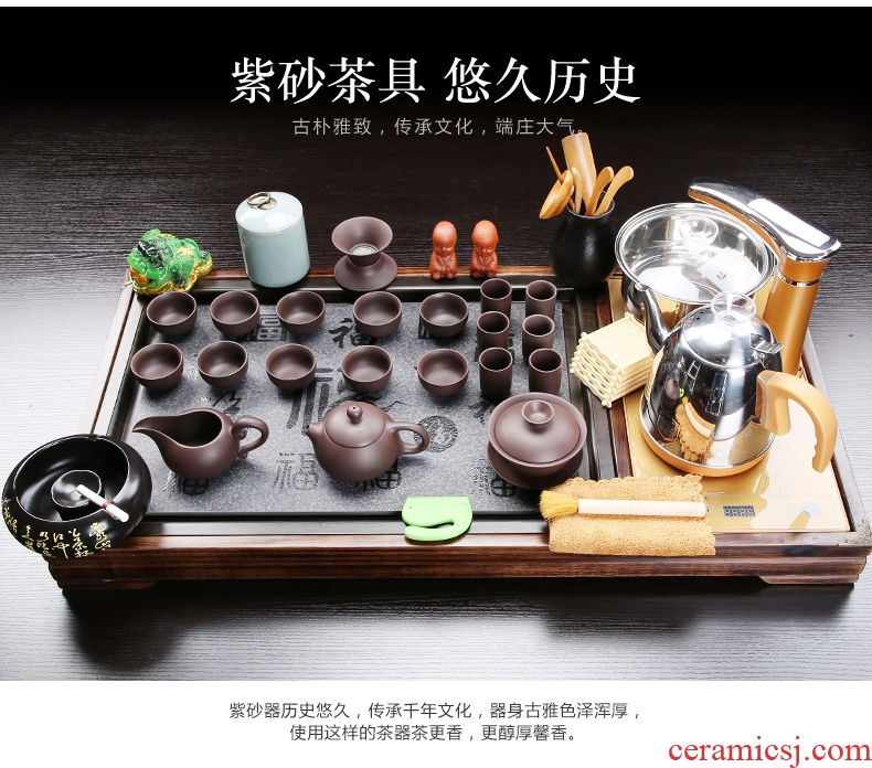 Bin, purple sand tea set household contracted a complete set of automatic induction cooker solid wood tea tray ceramic teapot teacup