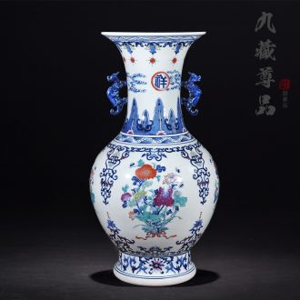 Nine Tibetan Buddha tasted jingdezhen blue and white color bucket ears panlong hand-painted ceramics vase handicraft furnishing articles in the living room