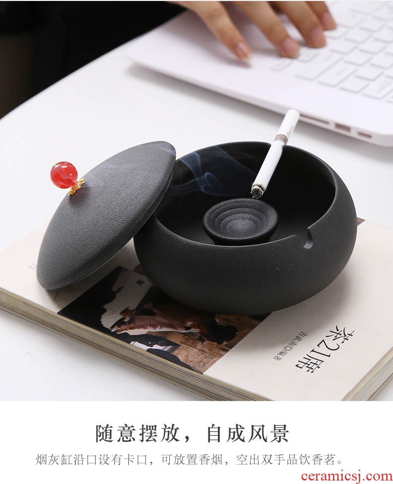 Porcelain ceramic tea place god ashtray personality with cover Japanese zen wind large ashtray bedroom living room