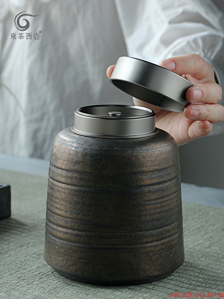 East west pot of ceramic tea caddy large household seal pot moistureproof tea warehouse retro aluminum alloy cover save POTS