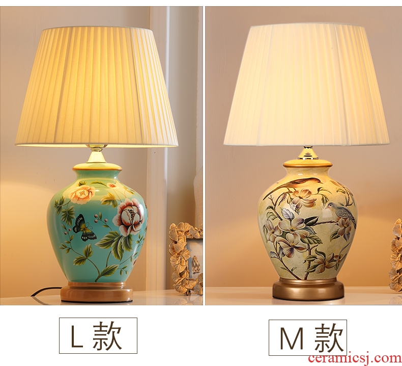 Desk lamp of bedroom the head of a bed lamp sitting room American new Chinese style restoring ancient ways European rural warmth creative ceramic desk lamp of remote control
