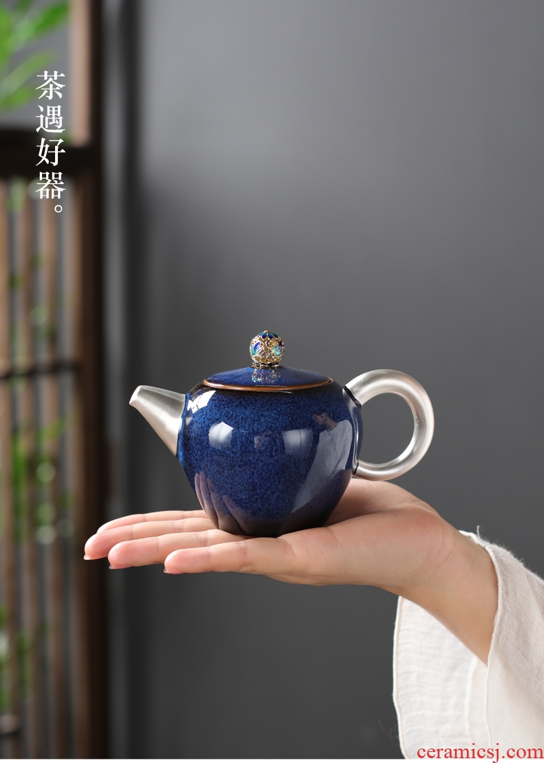 Is good source variable temmoku glaze ceramic teapot tea by hand is tasted silver gilding kung fu tea set blue TuHao creative single pot