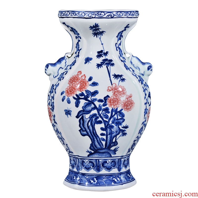 Jingdezhen ceramic hand-painted blue and white youligong ears statue imitation qing qianlong vase sitting room home furnishing articles