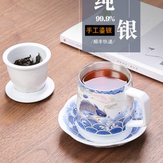 Silver lining coppering.as jingdezhen tea cup 999 sterling silver with cover filter office cup a cup of water glass ceramic tea separation