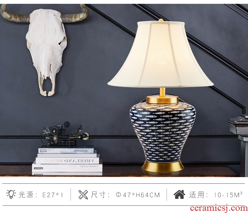 Sitting room lamp American contemporary and contracted style bedroom whole copper creative hand-painted water-wave jingdezhen ceramic bedside lamp