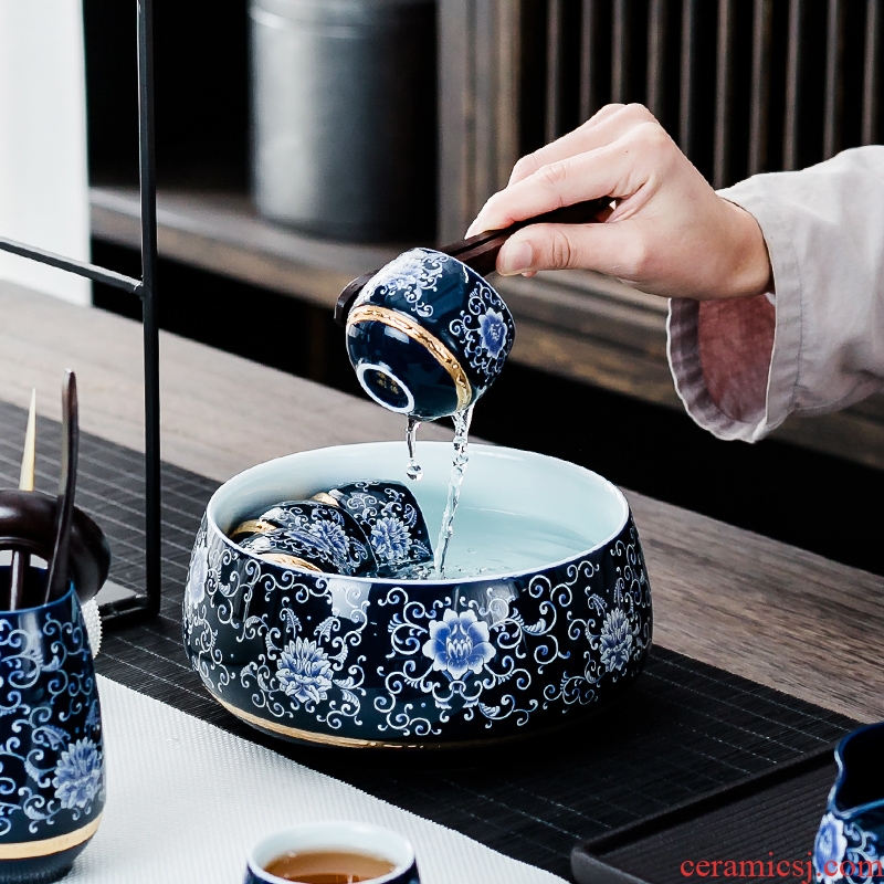 Qin Yi blue glaze ji blue of a complete set of semi-automatic kung fu tea set of blue and white porcelain ceramic lazy household teapot teacup suit