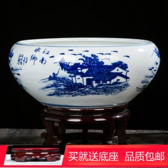 Jingdezhen blue and white ceramics tank cylinder tortoise flowerpot XiCha wash water is shallow