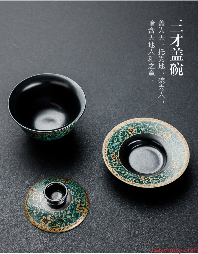 Qin Yi tureen large cups of black ceramic bowl three to old kung fu tea set coarse pottery mud home tea ware