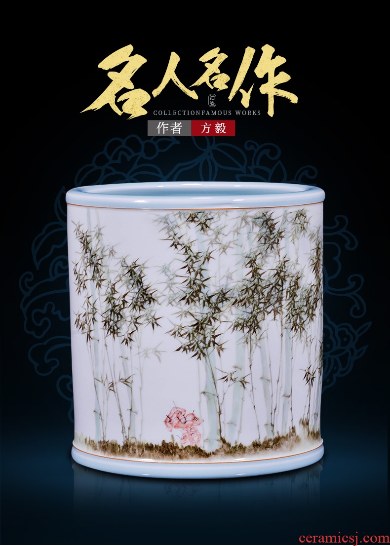 Jingdezhen ceramic hand-painted bamboo vase decoration household decorates sitting room study flower arranging four pen container furnishing articles