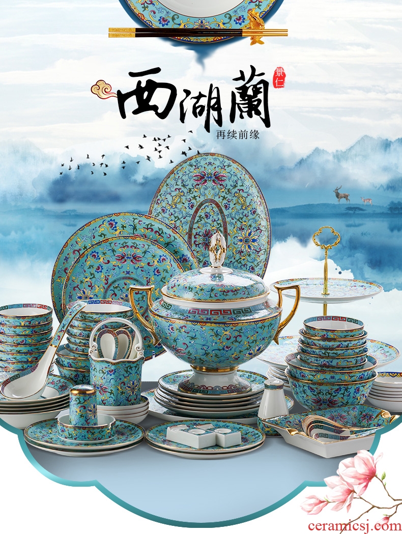 Jingdezhen dishes colored enamel tableware suit household European combined bone bowls dish bowl chopsticks high-grade ceramics disks