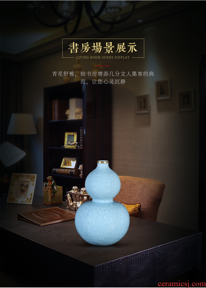 Sons of jingdezhen chinaware paint blue glaze carving ten thousand generations gourd bottle home sitting room adornment flower arranging furnishing articles