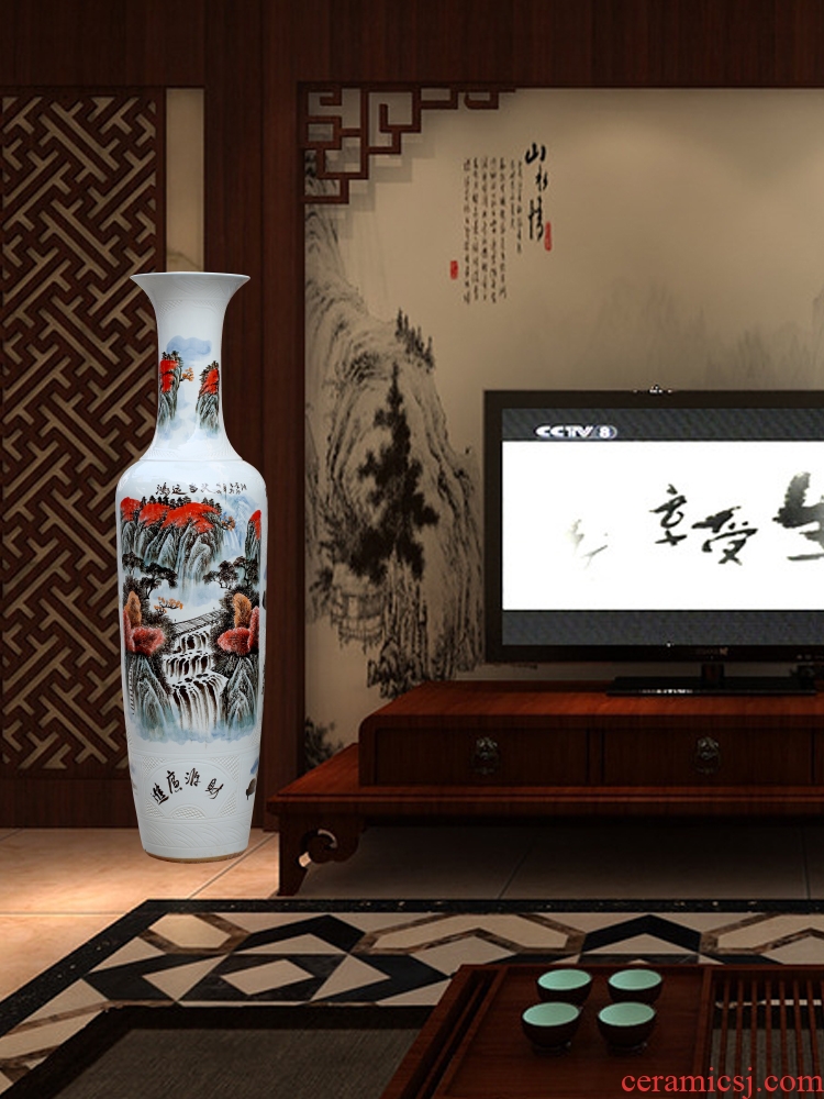 Jingdezhen ceramics hand-painted colorful sunrise landscape ground sitting room big vase household adornment furnishing articles