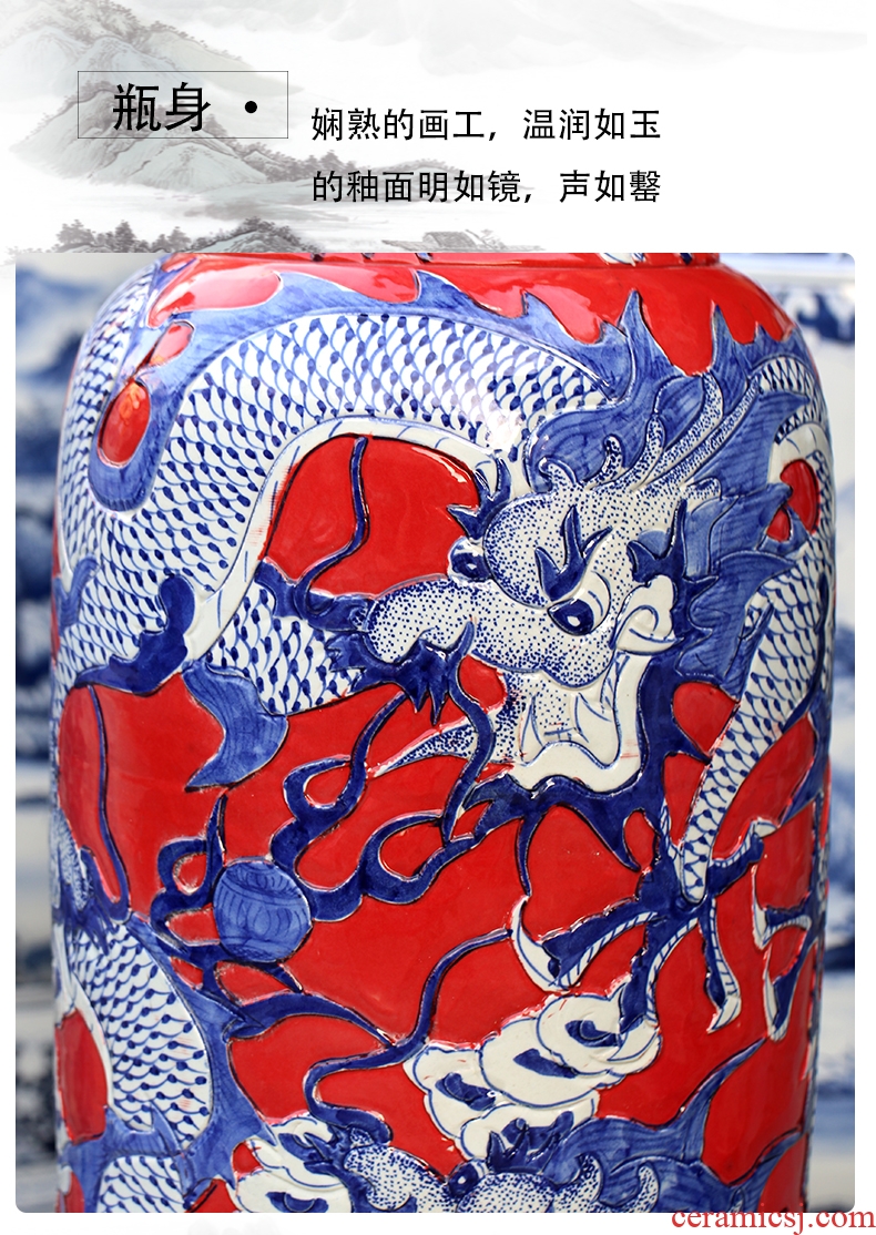 Jingdezhen ceramics new classical Chinese red dragon carving of large vase decoration large hotel porcelain furnishing articles