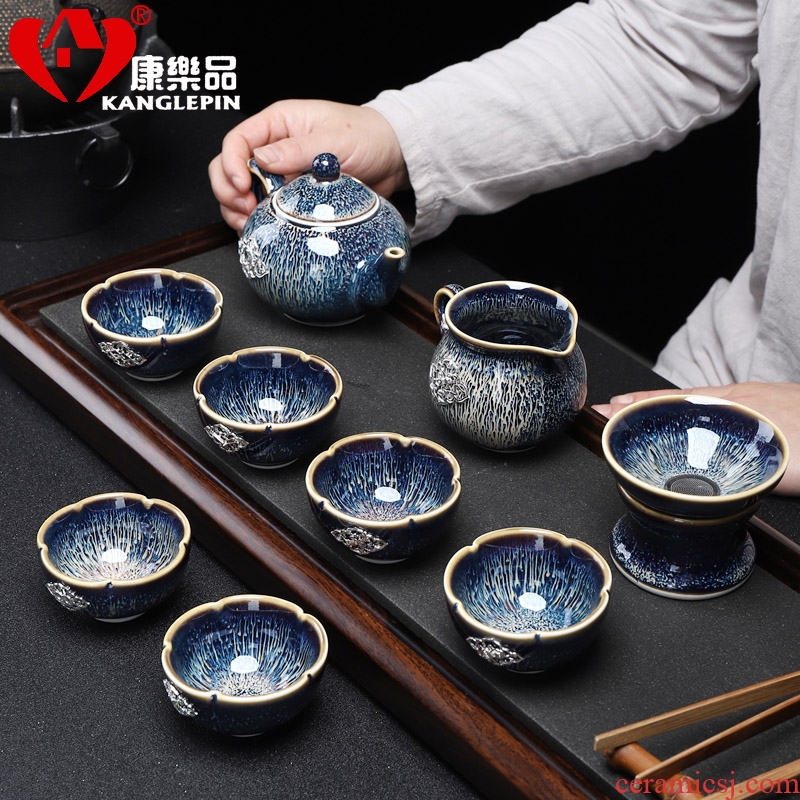 Recreational product jingdezhen kiln built red glaze, office tea set oil droplets of a complete set of silver inlaid auspicious sweet