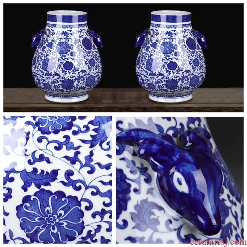 Jingdezhen ceramics large blue and white vase landing ears flower arrangement sitting room adornment of Chinese style household furnishing articles