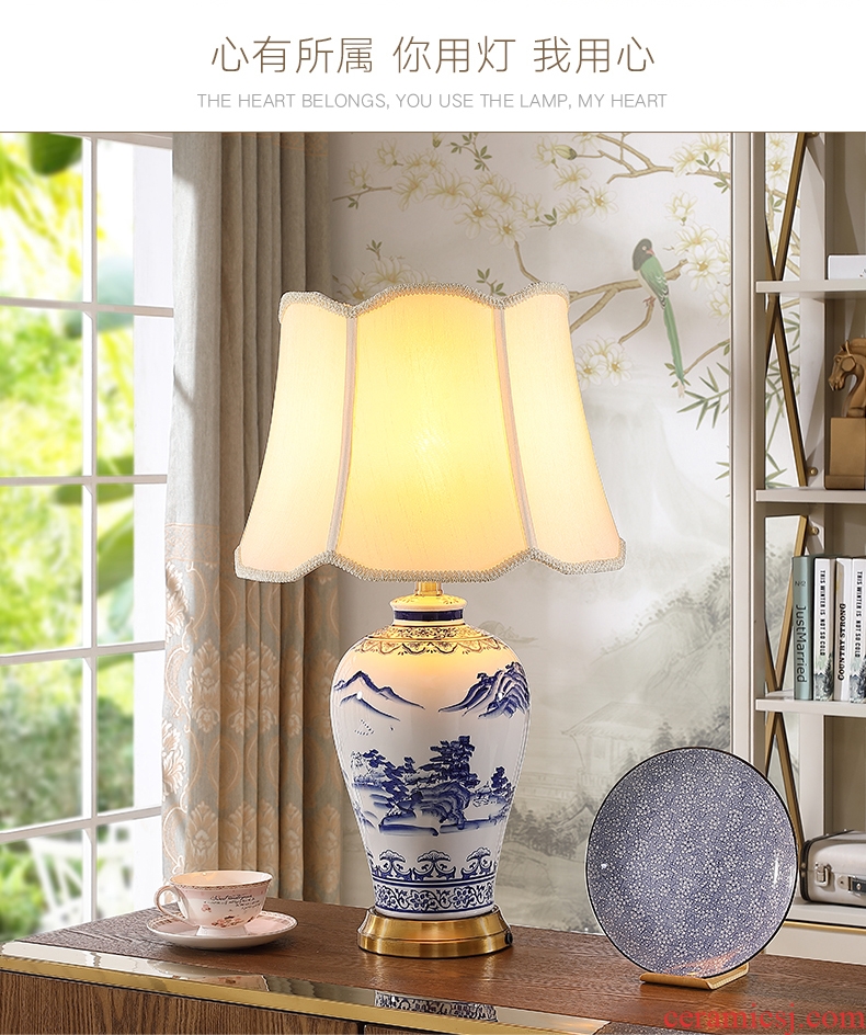New Chinese style ceramic desk lamp after classical study contracted and contemporary sitting room full copper landscape lamp of bedroom the head of a bed of blue and white porcelain