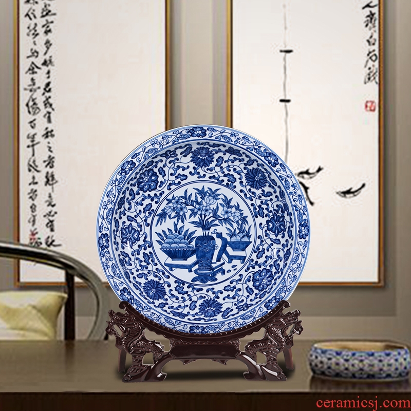 Jingdezhen ceramics antique blue-and-white bound lotus flower big porcelain hang dish hanging new Chinese style household rich ancient frame furnishing articles