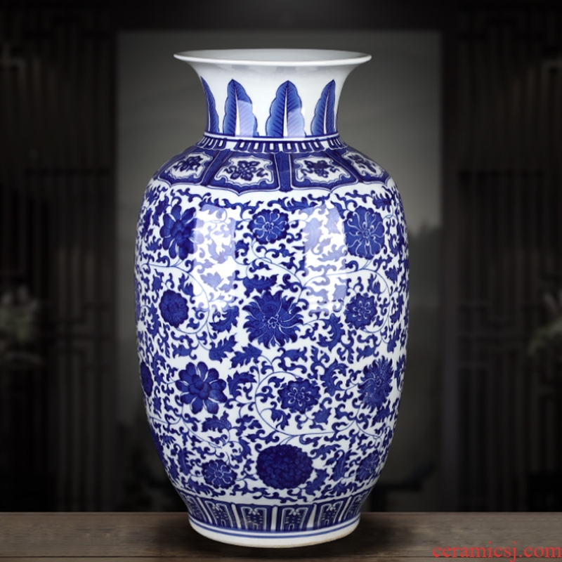 Jingdezhen ceramics large blue and white vase put lotus flower wax gourd bottle home sitting room adornment TV ark furnishing articles