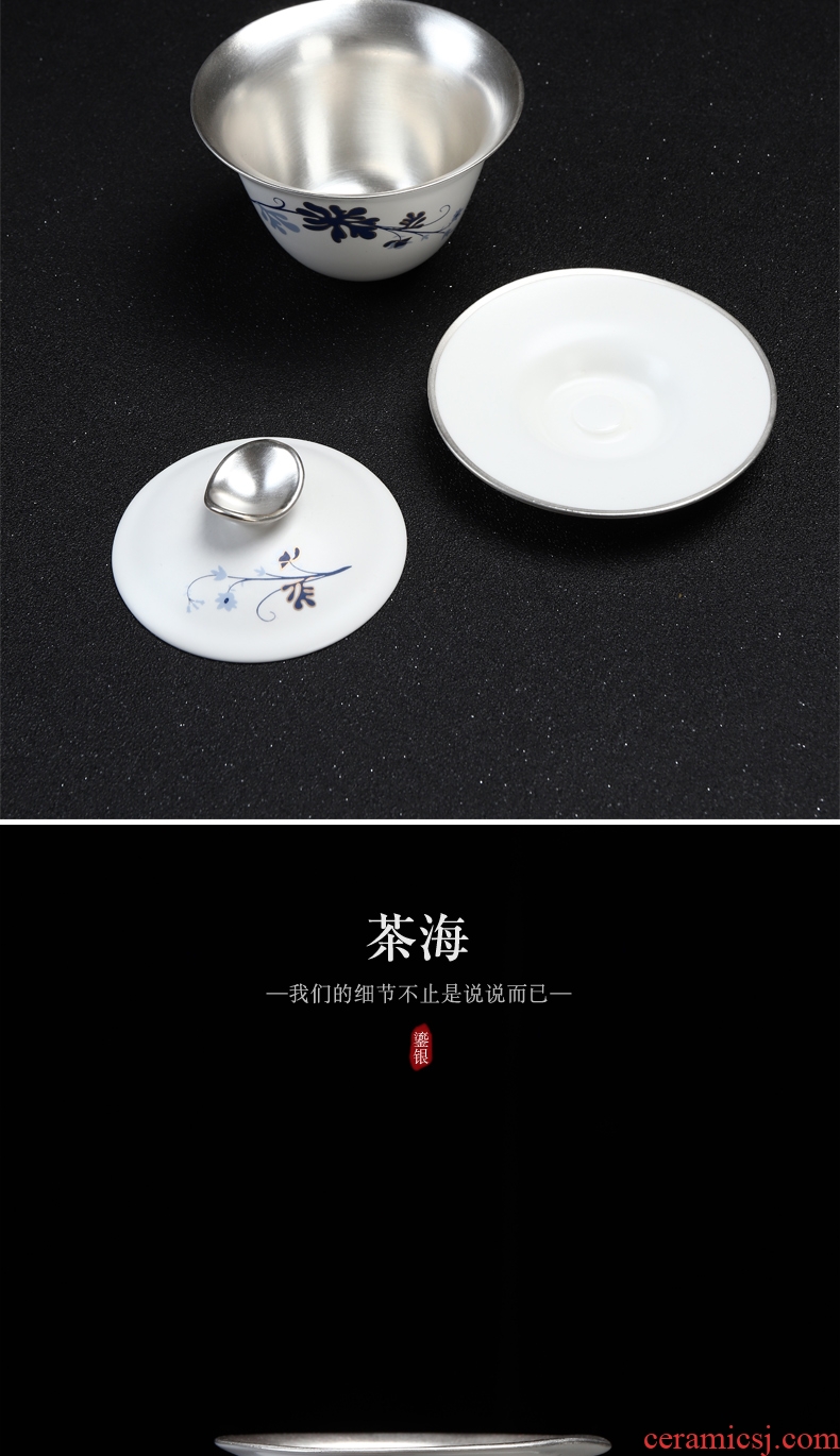 Recreational product coppering.as 6 999 sterling silver tureen kung fu tea set household inferior smooth white paint ceramic gifts suit orchid