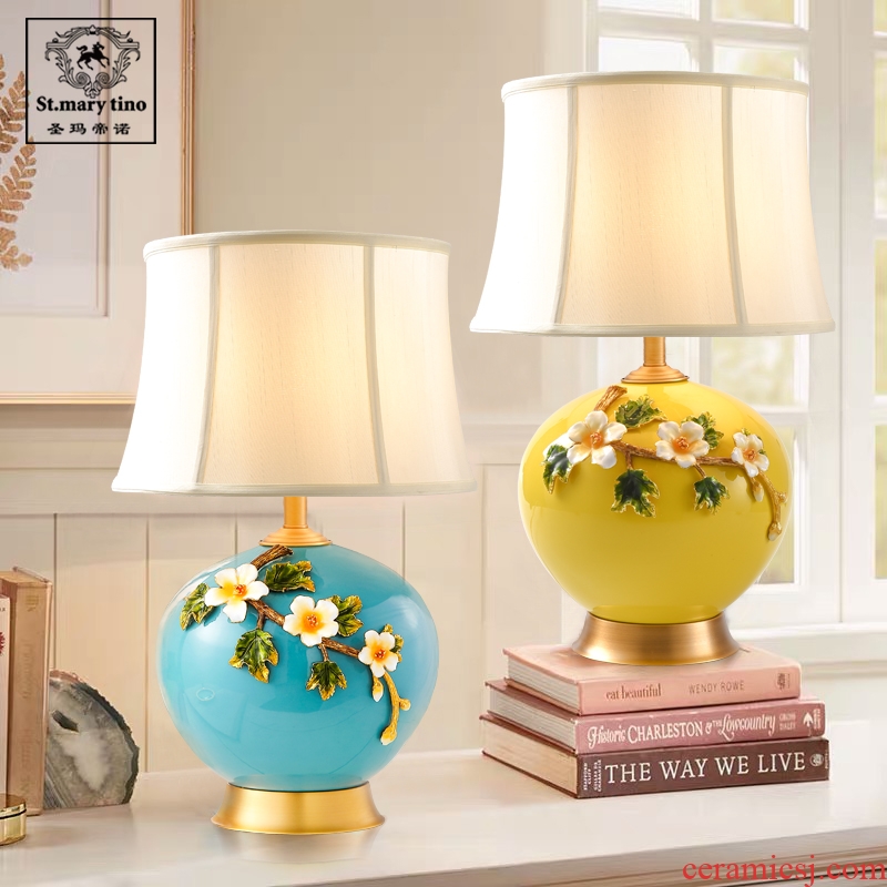 New Chinese pottery and porcelain enamel lamp sitting room the bedroom the head of a bed artical retro full copper household contracted lighting
