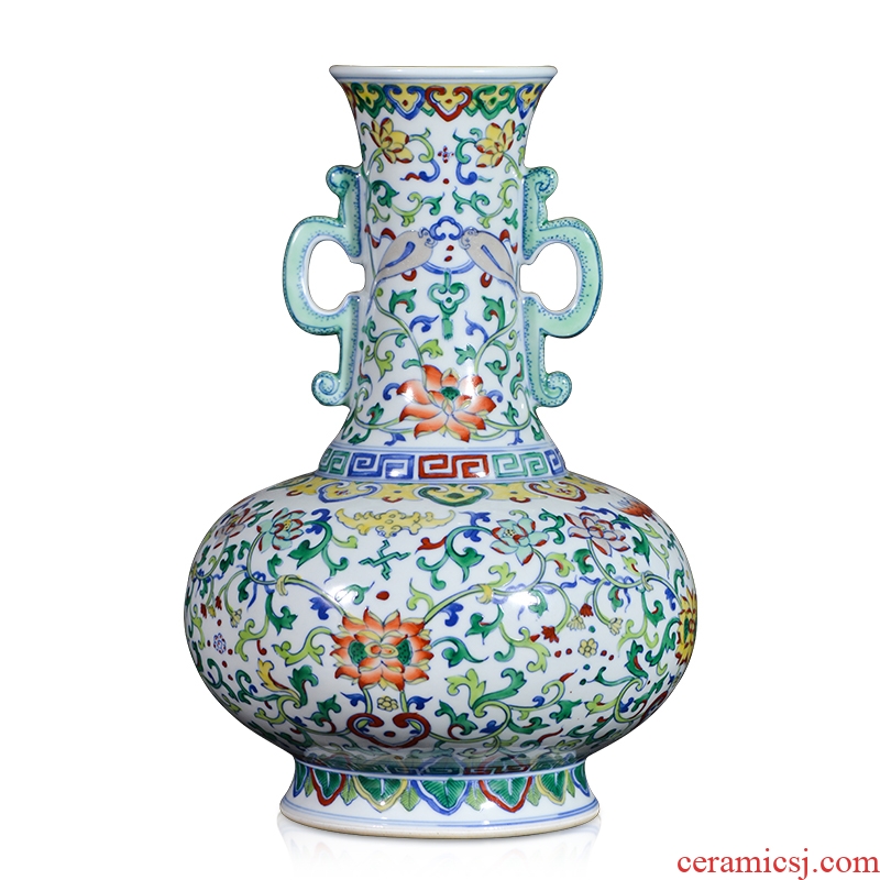 Jingdezhen ceramic imitation qing yongzheng color bucket ears flower vase porch decoration of Chinese style household furnishing articles