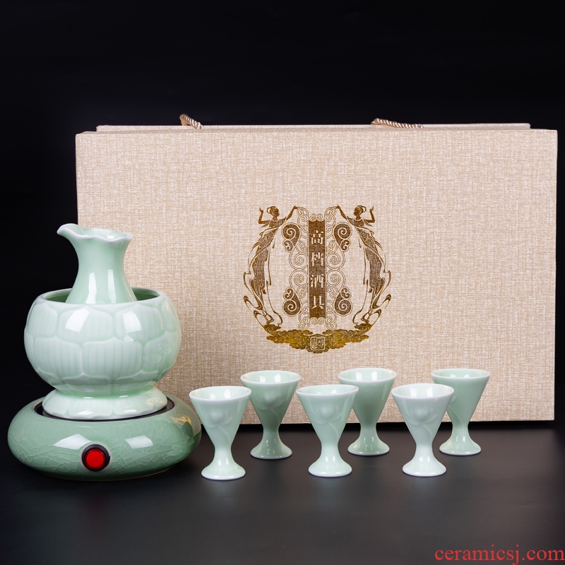 Jingdezhen ceramic temperature wine pot of wine suit green glaze hot hot wine warm hip home wine and rice wine liquor cup