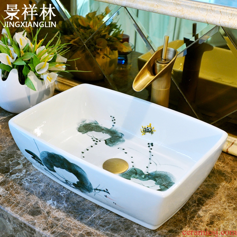 Package mail european-style rectangle jingdezhen art basin lavatory sink the stage basin & ndash; Hand painted lotus