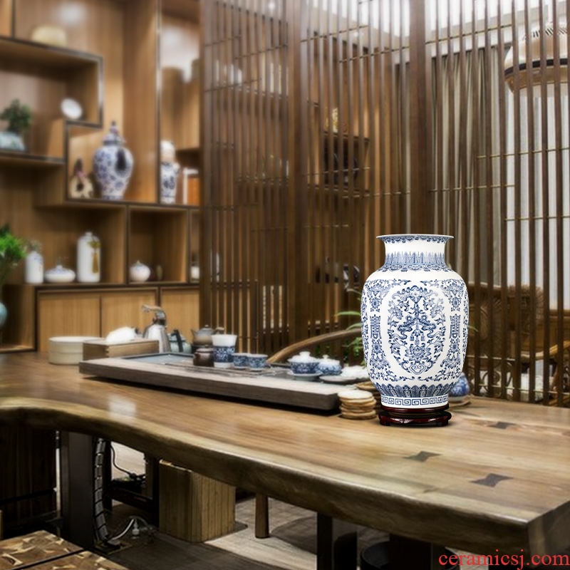 Jingdezhen ceramic dumb light blue and white porcelain vase living room rich ancient frame furnishing articles flower arranging big porcelain decoration
