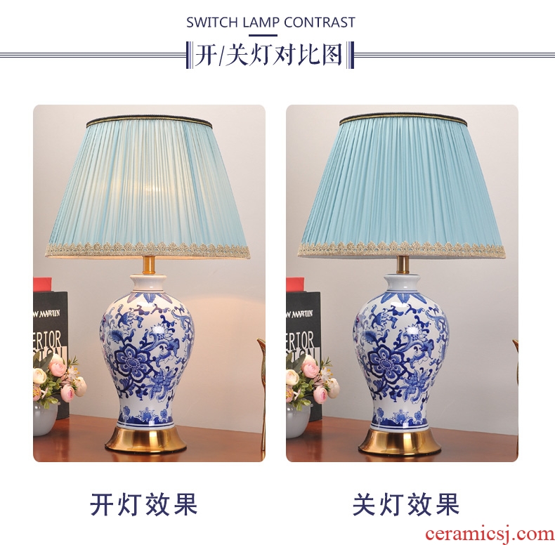 Bedroom nightstand lamp lights of blue and white porcelain ceramic retro ins American study of contracted sitting room warm light decoration