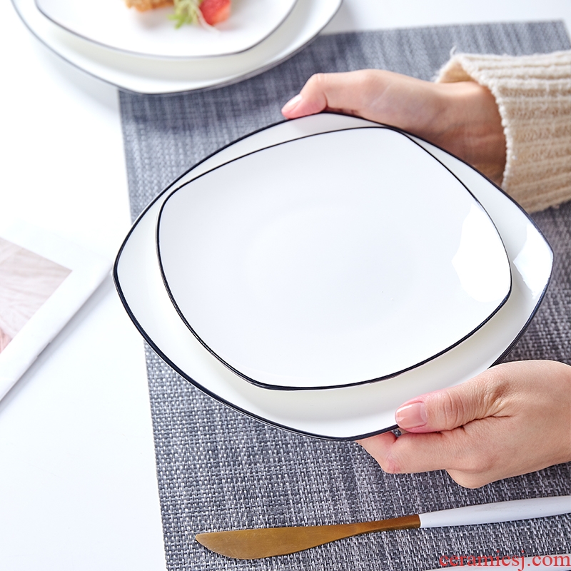 Tableware plate plate of northern wind creative black and pure white steak dinner plate household ceramics tableware Fang Pingpan