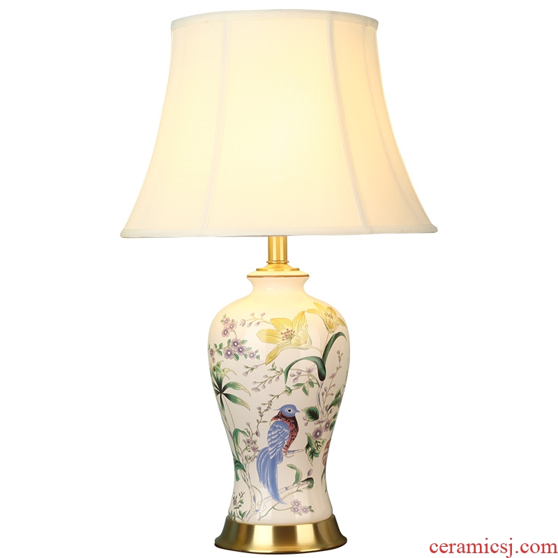 American whole copper ceramic desk lamp LED the study of bedroom the head of a bed is contracted sweet flowers and birds personality between example chandeliers