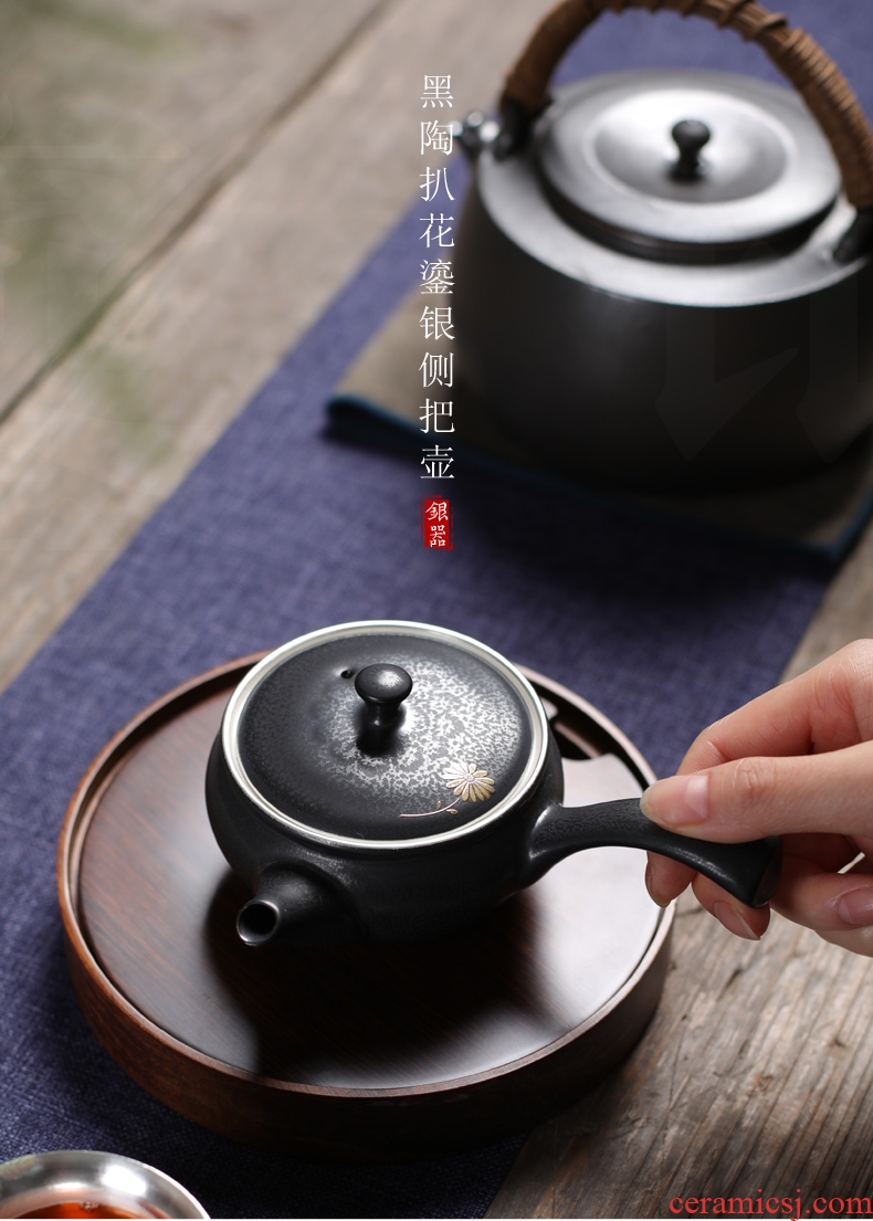 Is good source 999 sterling silver black pottery lay flowers coppering.as silver side of the pot of Japanese creative ceramic kung fu tea tea utensils