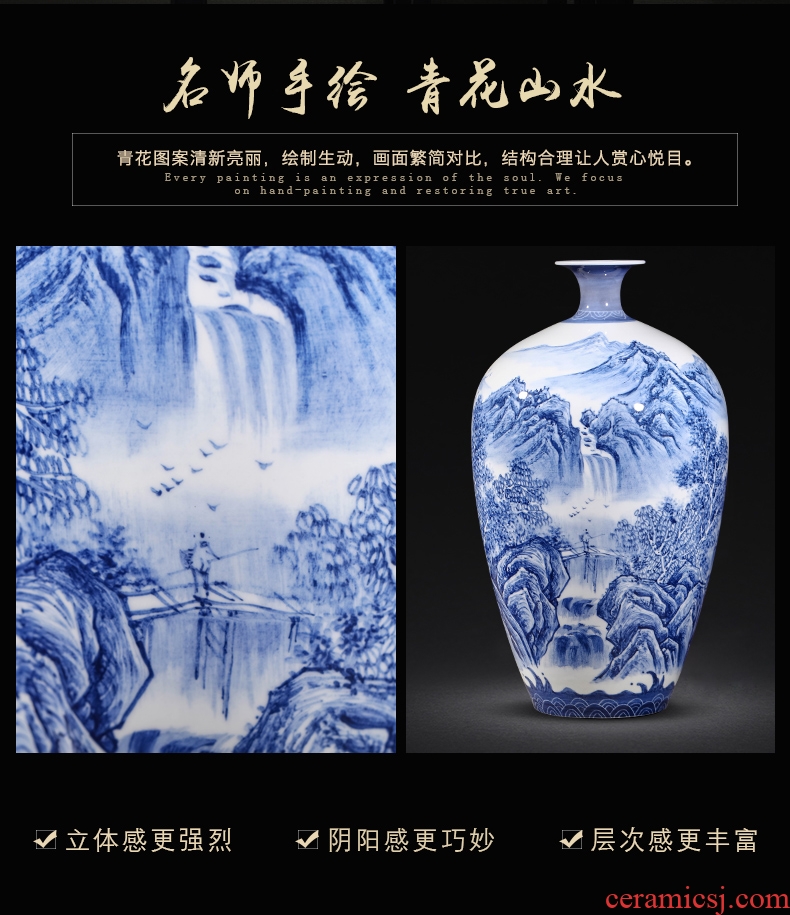 Blue and white landscape painting master of jingdezhen ceramic vase of blue and white porcelain vase painting vases, decorative gifts furnishing articles