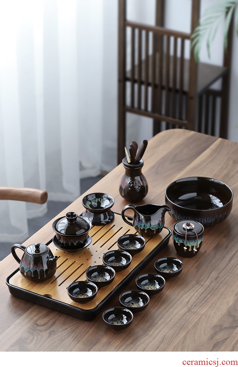 Three thousand ceramic kung fu tea tea tureen tea cup set household variable built red glaze, a complete set of the teapot