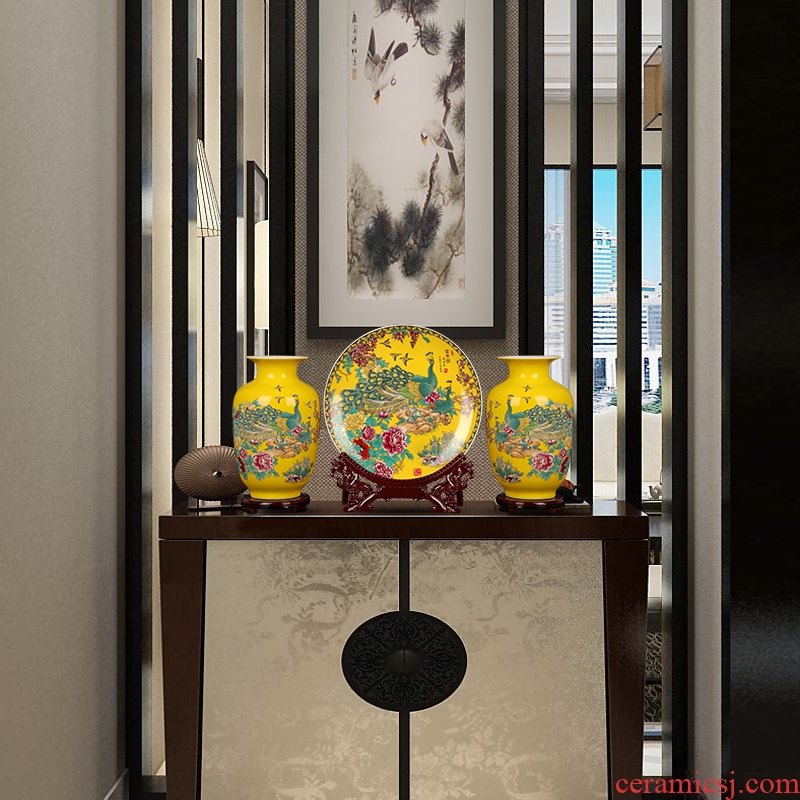 Jingdezhen ceramics vase Chinese penjing three-piece yellow peacock riches and honour figure household handicraft ornament